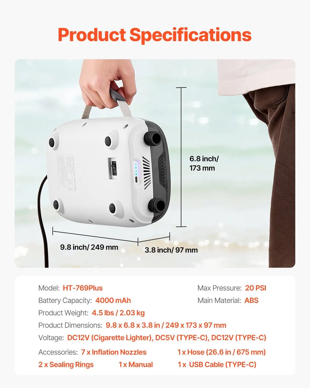 VEVOR SUP dēļa sūknis 20 PSI ar akumulatoru, divpakāpju piepūšanu un iztukšošanu, automātisku izslēgšanos un 12 V DC auto pieslēgumu piepūšamām laivām, teltīm un matračiem - ZEMLETES.LV