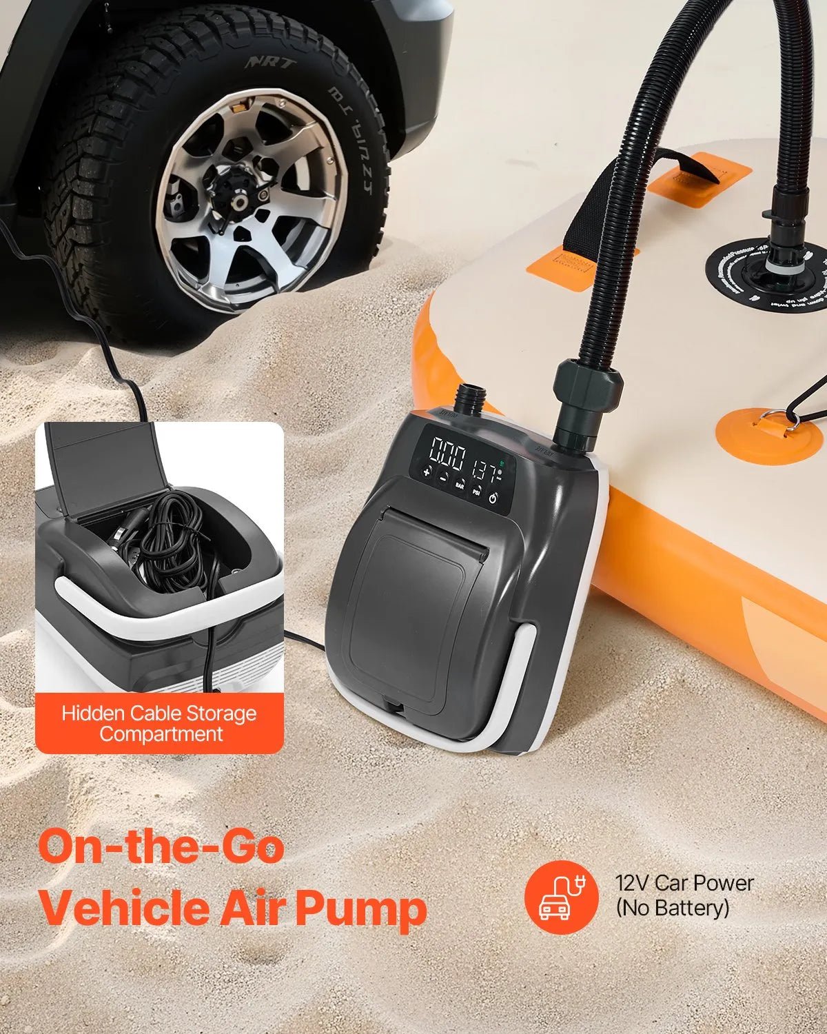 VEVOR SUP dēļa sūknis 20 PSI ar divpakāpju piepūšanu un iztukšošanu, automātisku izslēgšanos un 12 V DC auto pieslēgumu piepūšamiem dēļiem, teltīm un matračiem - ZEMLETES.LV