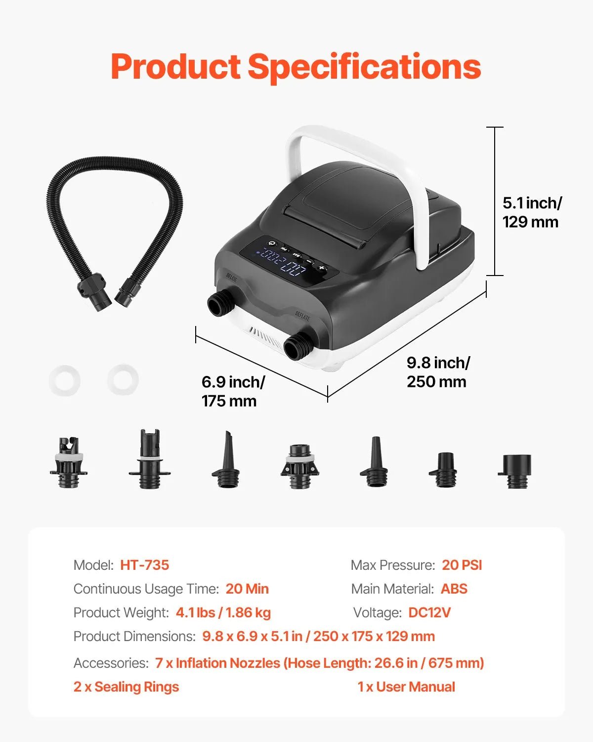 VEVOR SUP dēļa sūknis 20 PSI ar divpakāpju piepūšanu un iztukšošanu, automātisku izslēgšanos un 12 V DC auto pieslēgumu piepūšamiem dēļiem, teltīm un matračiem - ZEMLETES.LV