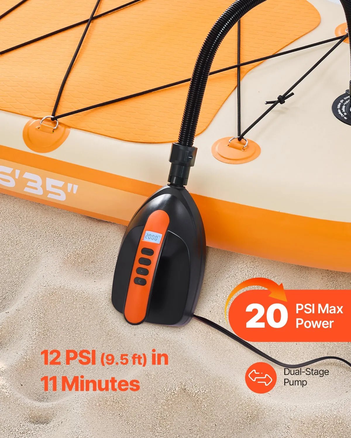 VEVOR SUP dēļa sūknis 20 PSI ar 70 l/min piepūšanas ātrumu, automātisku izslēgšanos un 12 V DC auto pieslēgumu piepūšamiem dēļiem, teltīm un matračiem - ZEMLETES.LV