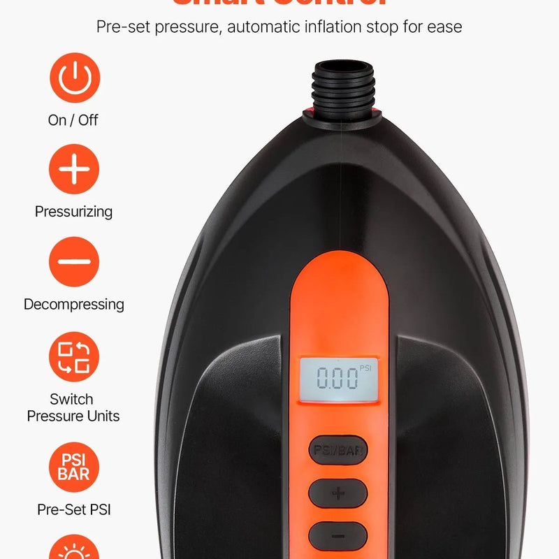 VEVOR SUP dēļa sūknis 20 PSI ar 70 l/min piepūšanas ātrumu, automātisku izslēgšanos un 12 V DC auto pieslēgumu piepūšamiem dēļiem, teltīm un matračiem - ZEMLETES.LV