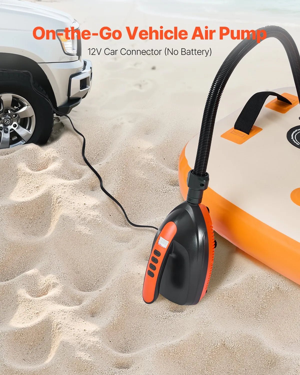 VEVOR SUP dēļa sūknis 20 PSI ar 70 l/min piepūšanas ātrumu, automātisku izslēgšanos un 12 V DC auto pieslēgumu piepūšamiem dēļiem, teltīm un matračiem - ZEMLETES.LV