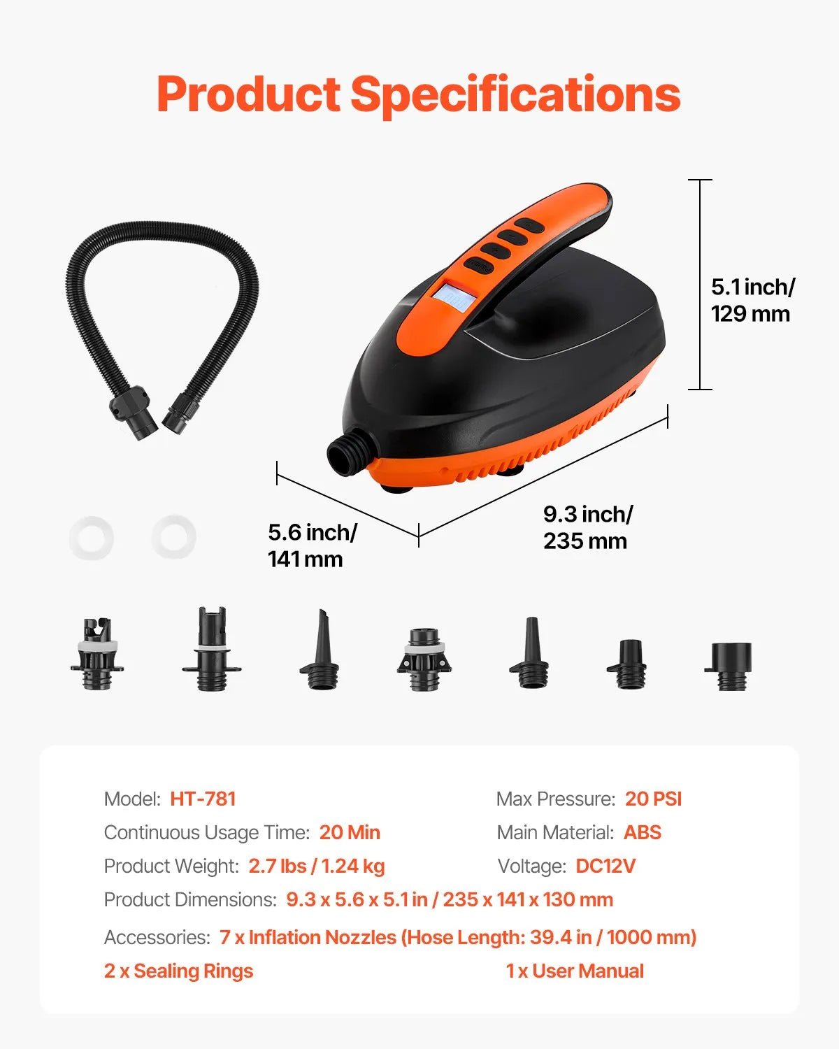 VEVOR SUP dēļa sūknis 20 PSI ar 70 l/min piepūšanas ātrumu, automātisku izslēgšanos un 12 V DC auto pieslēgumu piepūšamiem dēļiem, teltīm un matračiem - ZEMLETES.LV