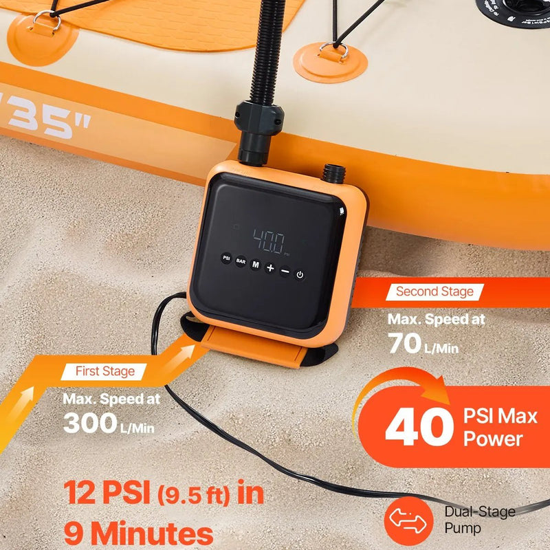 VEVOR SUP dēļa sūknis 40 PSI ar divpakāpju piepūšanu un iztukšošanu, automātisku izslēgšanos un 12 V DC auto pieslēgumu piepūšamiem dēļiem, teltīm un matračiem - ZEMLETES.LV