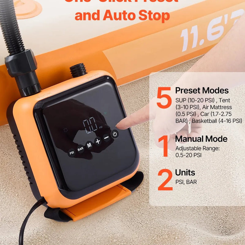 VEVOR SUP dēļa sūknis 40 PSI ar divpakāpju piepūšanu un iztukšošanu, automātisku izslēgšanos un 12 V DC auto pieslēgumu piepūšamiem dēļiem, teltīm un matračiem - ZEMLETES.LV