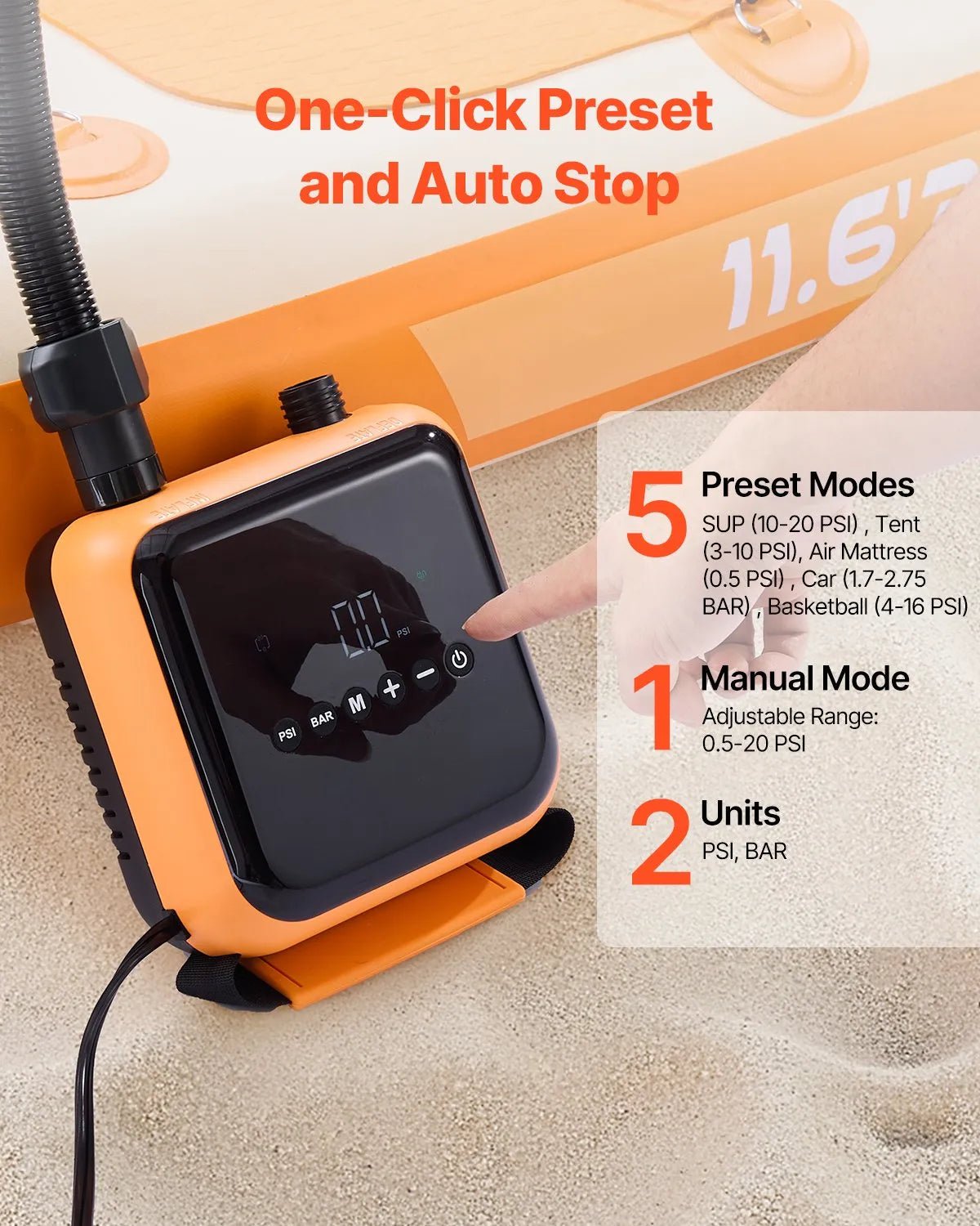VEVOR SUP dēļa sūknis 40 PSI ar divpakāpju piepūšanu un iztukšošanu, automātisku izslēgšanos un 12 V DC auto pieslēgumu piepūšamiem dēļiem, teltīm un matračiem - ZEMLETES.LV