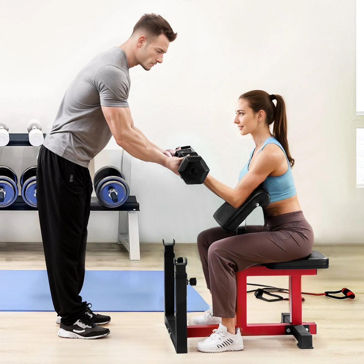 VEVOR treniņu sols ar kāju iztaisnošanas moduli, spēka treniņu sols ar bicepsu staciju hantelēm un stienim, 200 kg nestspēja, daudzfunkcionāls sols mājas sporta zālei - ZEMLETES.LV