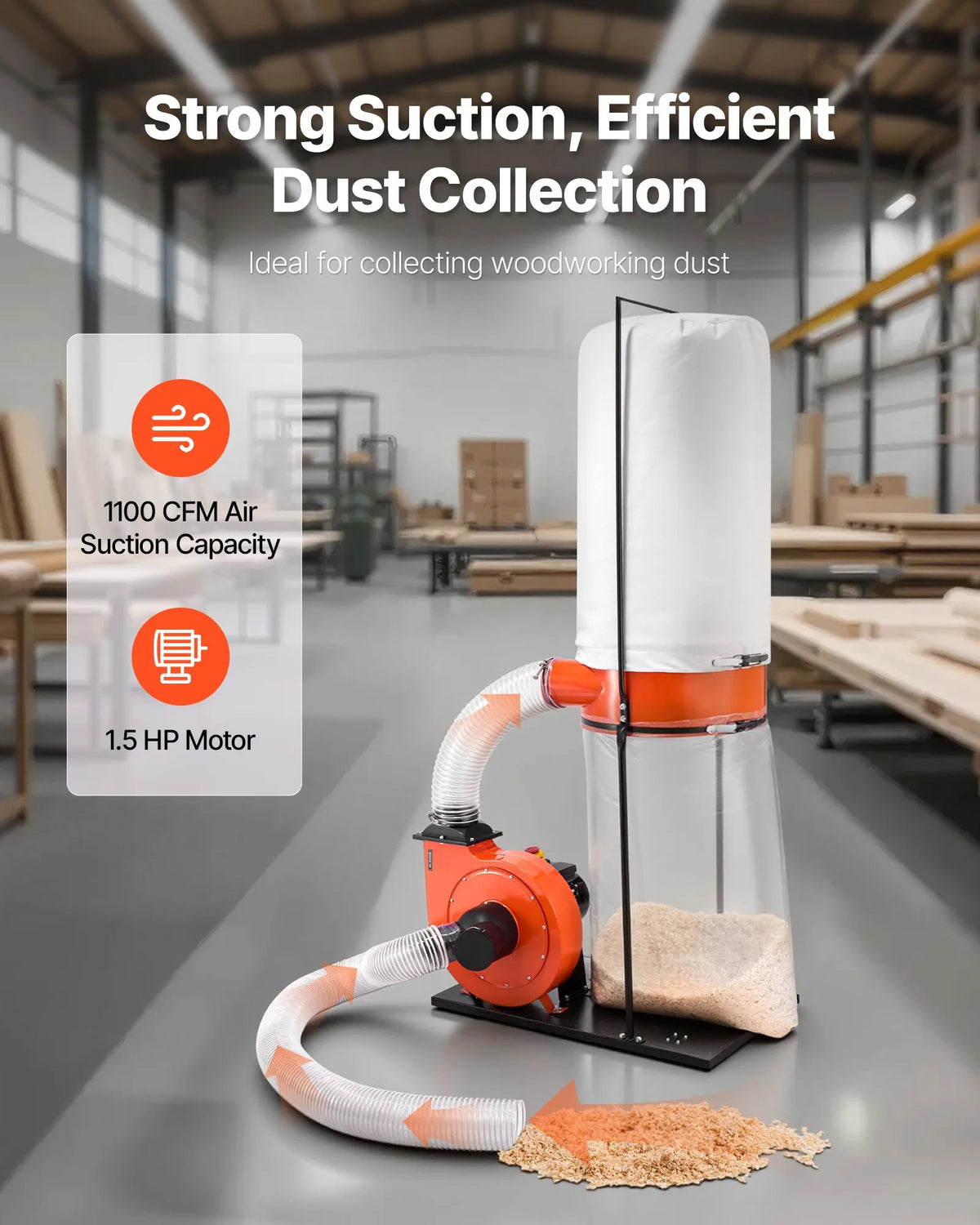 VEVOR tolmuimur 1100 CFM, 1,5 hj, tsüklonsüsteem 2,5 µm 132,5 l tolmukotiga