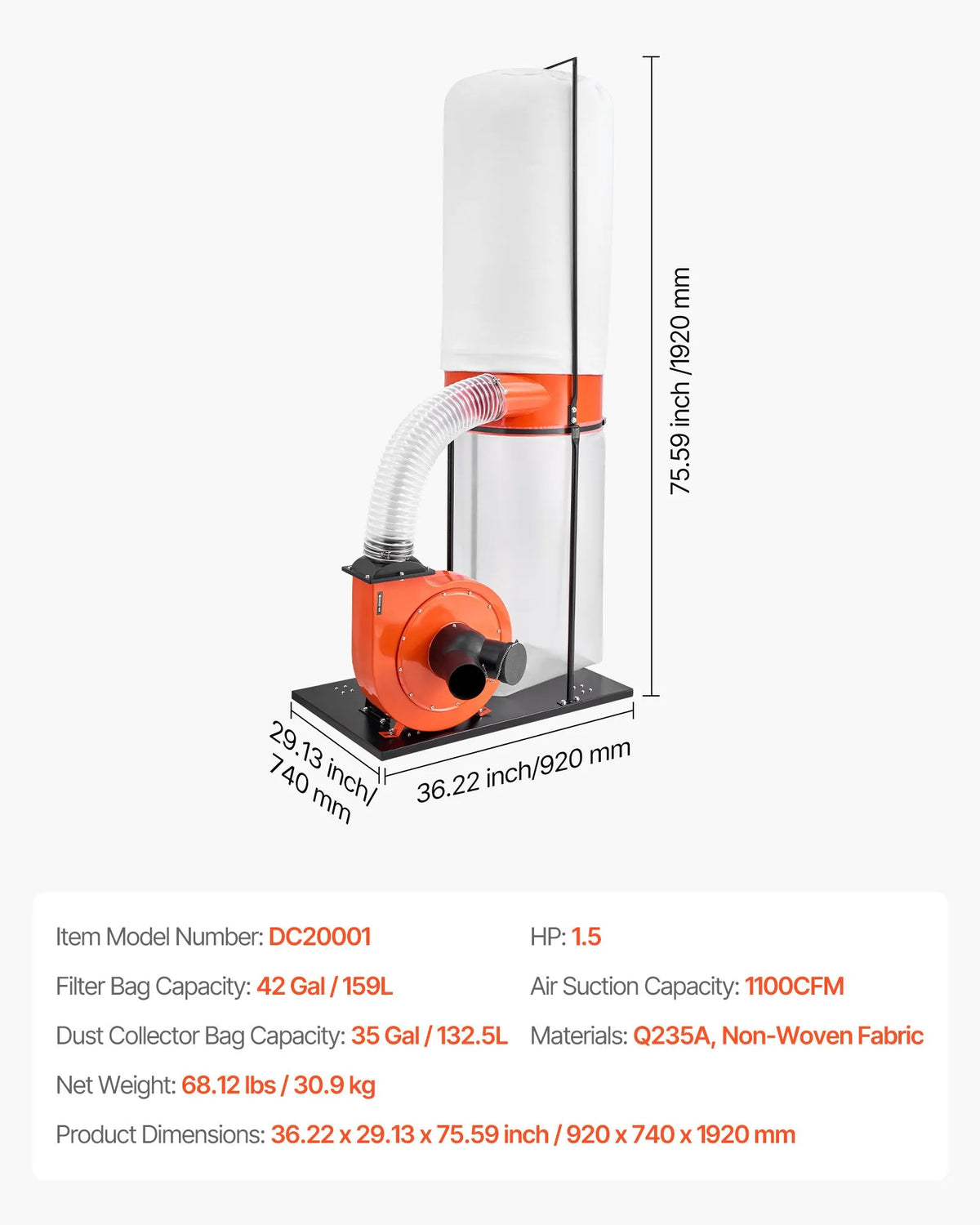 VEVOR tolmuimur 1100 CFM, 1,5 hj, tsüklonsüsteem 2,5 µm 132,5 l tolmukotiga