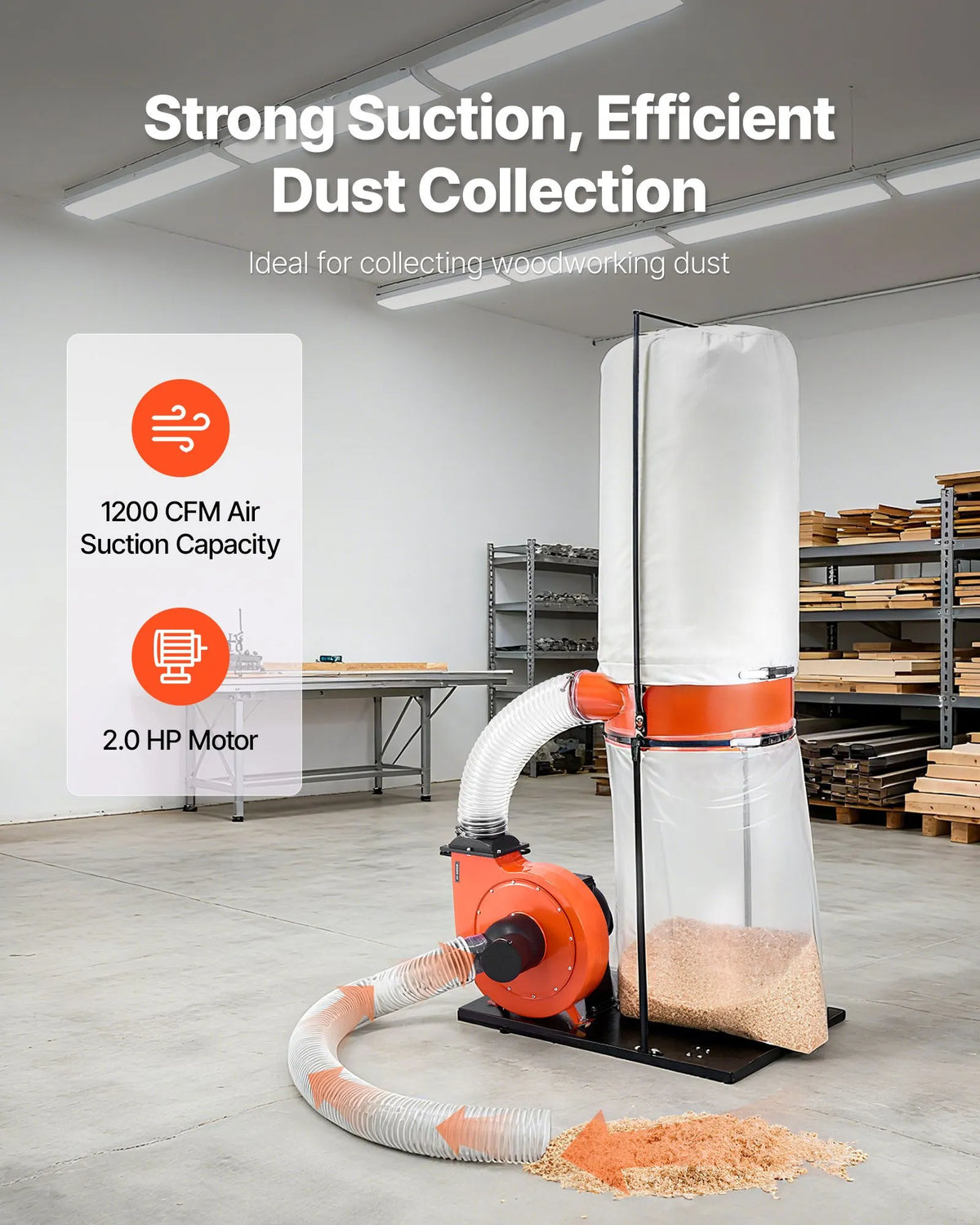VEVOR Dust Collector 1200 CFM, 2 HP, Cyclone System 2.5 µm with 132.5 l Dust Bag