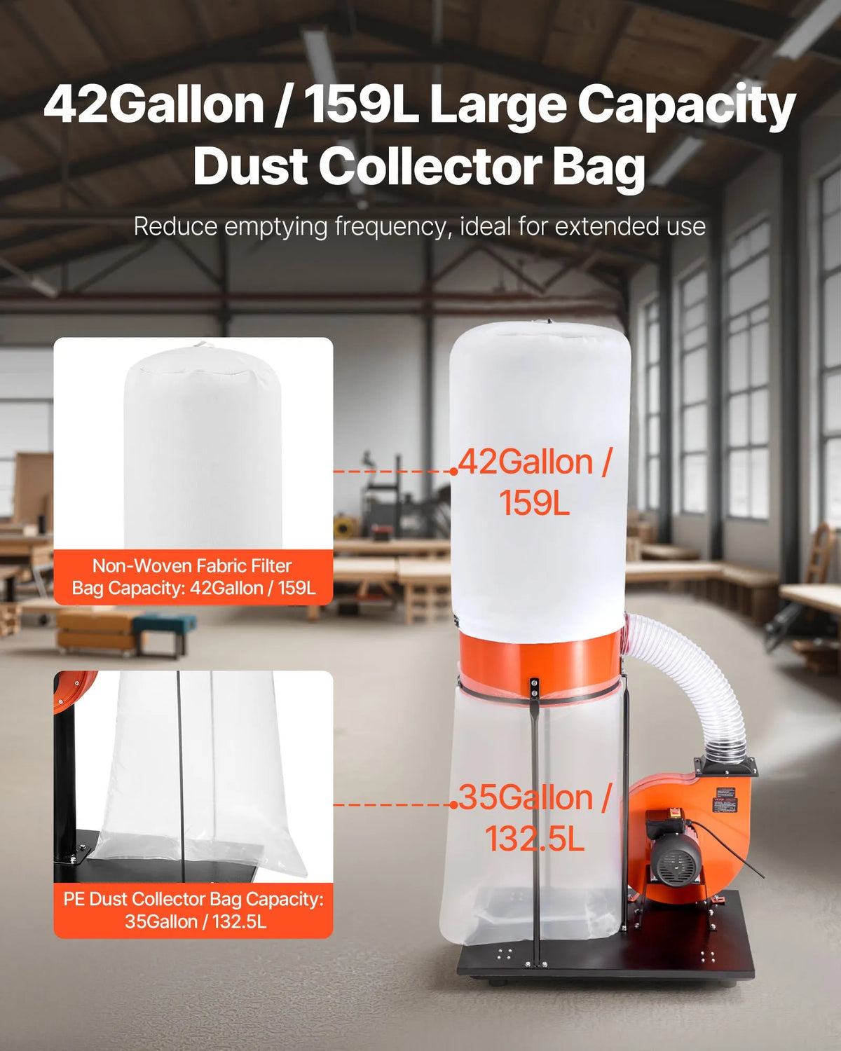 VEVOR Dust Collector 1200 CFM, 2 HP, Cyclone System 2.5 µm with 132.5 l Dust Bag