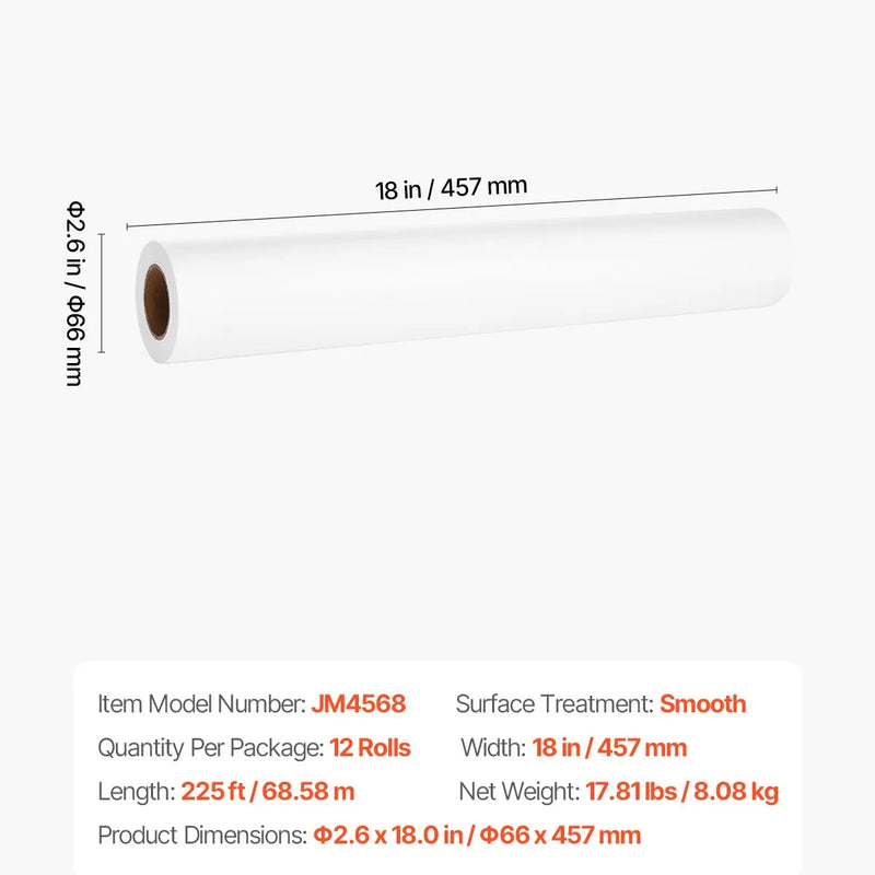 VEVOR medicīniskā izmeklēšanas galda papīrs, 45,7 cm x 68,6 m gluds aizsargpapīrs (12 ruļļi), vienreizlietojams galda pārklājums medicīniskajiem, masāžas un procedūru galdiem, balts