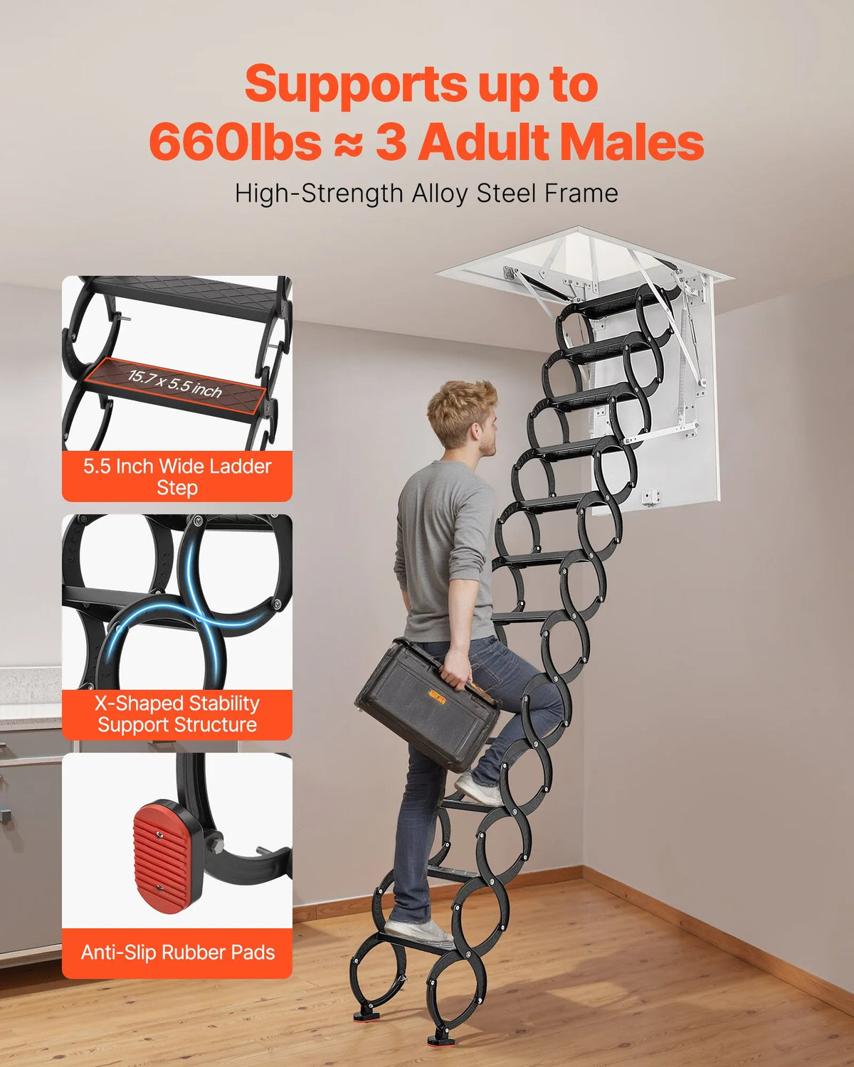 VEVOR bēniņu kāpnes ar 299,4 kg celtspēju, piemērotas griestu augstumam 2,6–2,9 m un atverei 100 × 70 cm, nolaižamas izvelkamas griestu kāpnes no leģētā tērauda ar vilkšanas stieni - ZEMLETES.LV