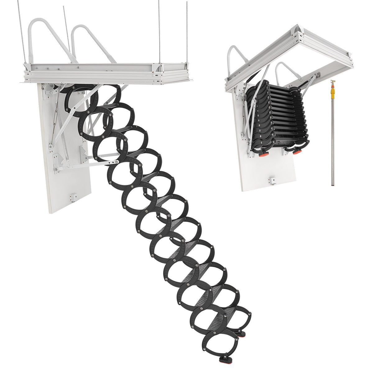 VEVOR bēniņu kāpnes ar 299,4 kg celtspēju, piemērotas griestu augstumam 2,6–2,9 m un atverei 100 × 70 cm, nolaižamas izvelkamas griestu kāpnes no leģētā tērauda ar vilkšanas stieni - ZEMLETES.LV