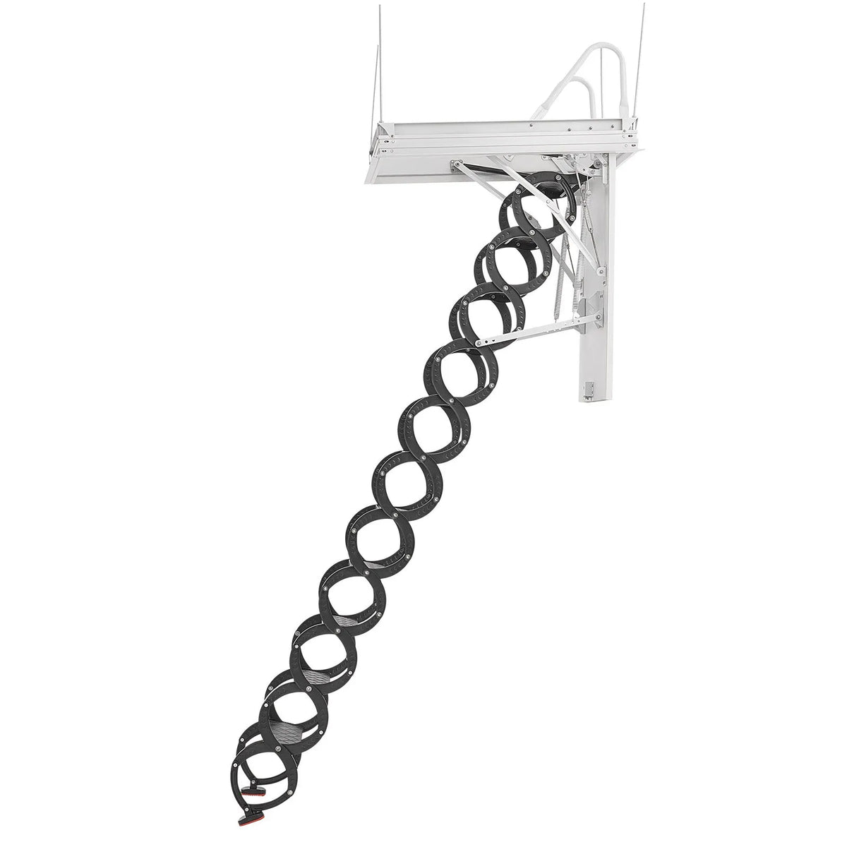 VEVOR bēniņu kāpnes ar 299,4 kg celtspēju, piemērotas griestu augstumam 2,6–2,9 m un atverei 100 × 70 cm, nolaižamas izvelkamas griestu kāpnes no leģētā tērauda ar vilkšanas stieni - ZEMLETES.LV