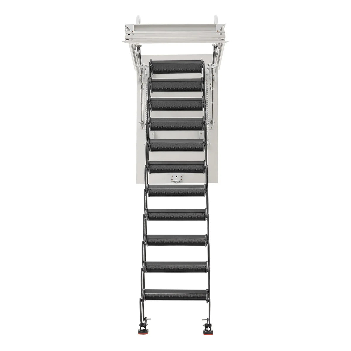 VEVOR bēniņu kāpnes ar 299,4 kg celtspēju, piemērotas griestu augstumam 2,6–2,9 m un atverei 100 × 70 cm, nolaižamas izvelkamas griestu kāpnes no leģētā tērauda ar vilkšanas stieni - ZEMLETES.LV
