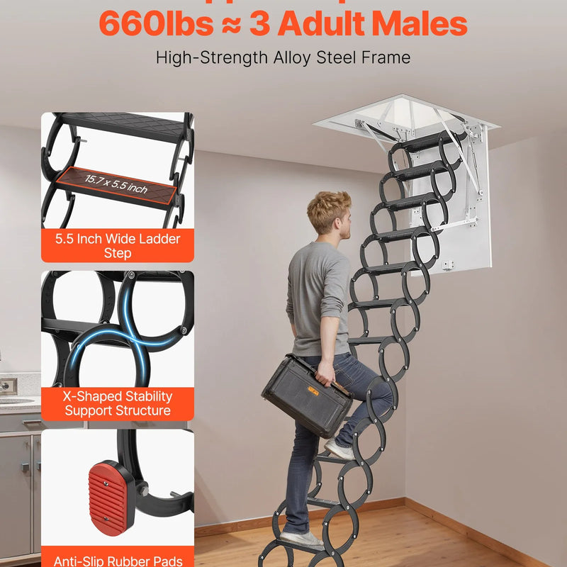 VEVOR Bēniņu kāpnes, slodze līdz 299,4 kg, piemērotas griestu augstumam 2,90–3,11 m, atvērumam 100 x 70 cm, nolaižamas izvelkamas griestu kāpnes no leģētā tērauda ar vilkšanas stieni bēniņiem un jumta telpai - ZEMLETES.LV