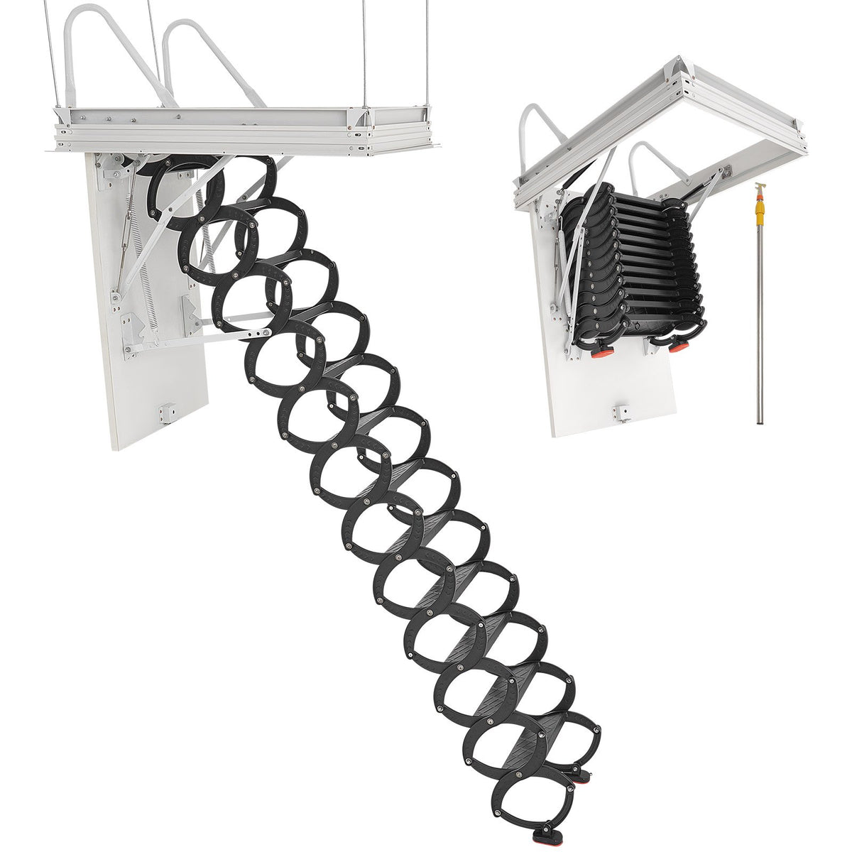 VEVOR Bēniņu kāpnes, slodze līdz 299,4 kg, piemērotas griestu augstumam 2,90–3,11 m, atvērumam 100 x 70 cm, nolaižamas izvelkamas griestu kāpnes no leģētā tērauda ar vilkšanas stieni bēniņiem un jumta telpai - ZEMLETES.LV