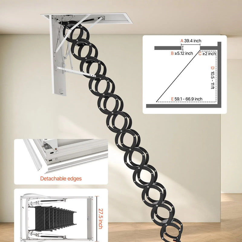 VEVOR bēniņu kāpnes ar 299,4 kg celtspēju, piemērotas griestu augstumam 3,2–3,35 m un atverei 100 × 70 cm, nolaižamas izvelkamas griestu kāpnes no leģētā tērauda ar vilkšanas stieni - ZEMLETES.LV