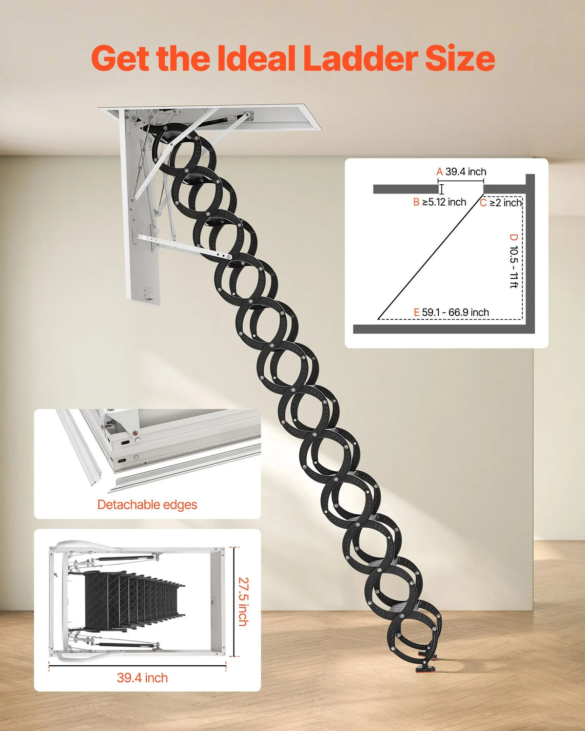 VEVOR bēniņu kāpnes ar 299,4 kg celtspēju, piemērotas griestu augstumam 3,2–3,35 m un atverei 100 × 70 cm, nolaižamas izvelkamas griestu kāpnes no leģētā tērauda ar vilkšanas stieni - ZEMLETES.LV