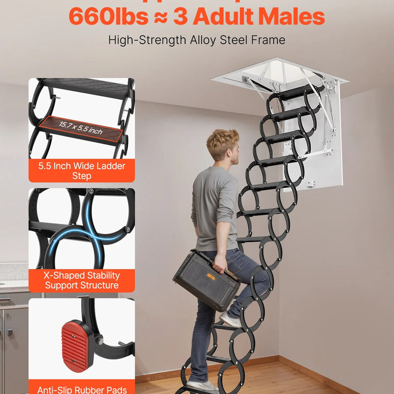 VEVOR bēniņu kāpnes ar 299,4 kg celtspēju, piemērotas griestu augstumam 3,2–3,35 m un atverei 100 × 70 cm, nolaižamas izvelkamas griestu kāpnes no leģētā tērauda ar vilkšanas stieni - ZEMLETES.LV