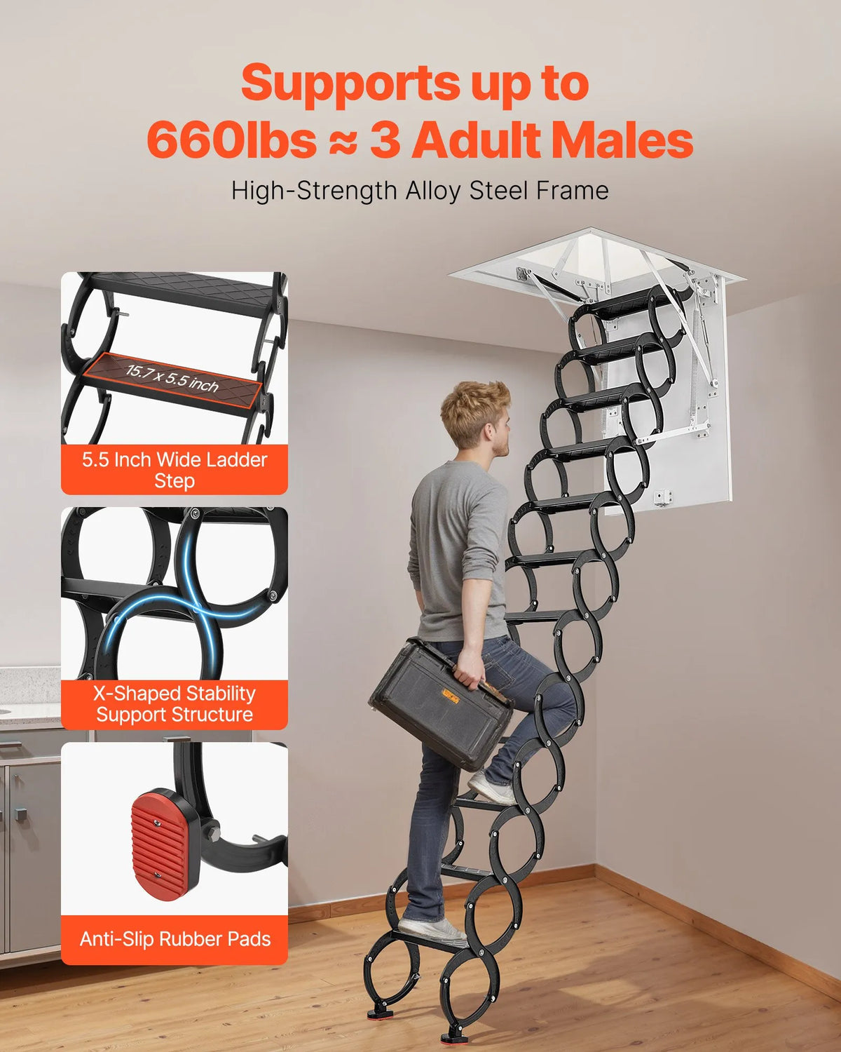VEVOR bēniņu kāpnes ar 299,4 kg celtspēju, piemērotas griestu augstumam 3,2–3,35 m un atverei 100 × 70 cm, nolaižamas izvelkamas griestu kāpnes no leģētā tērauda ar vilkšanas stieni - ZEMLETES.LV