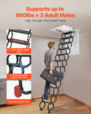 VEVOR bēniņu kāpnes ar 299,4 kg celtspēju, piemērotas griestu augstumam 3,2–3,35 m un atverei 100 × 70 cm, nolaižamas izvelkamas griestu kāpnes no leģētā tērauda ar vilkšanas stieni - ZEMLETES.LV