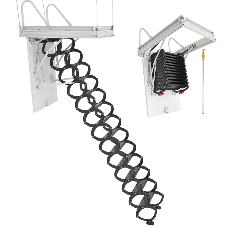 VEVOR bēniņu kāpnes ar 299,4 kg celtspēju, piemērotas griestu augstumam 3,2–3,35 m un atverei 100 × 70 cm, nolaižamas izvelkamas griestu kāpnes no leģētā tērauda ar vilkšanas stieni - ZEMLETES.LV