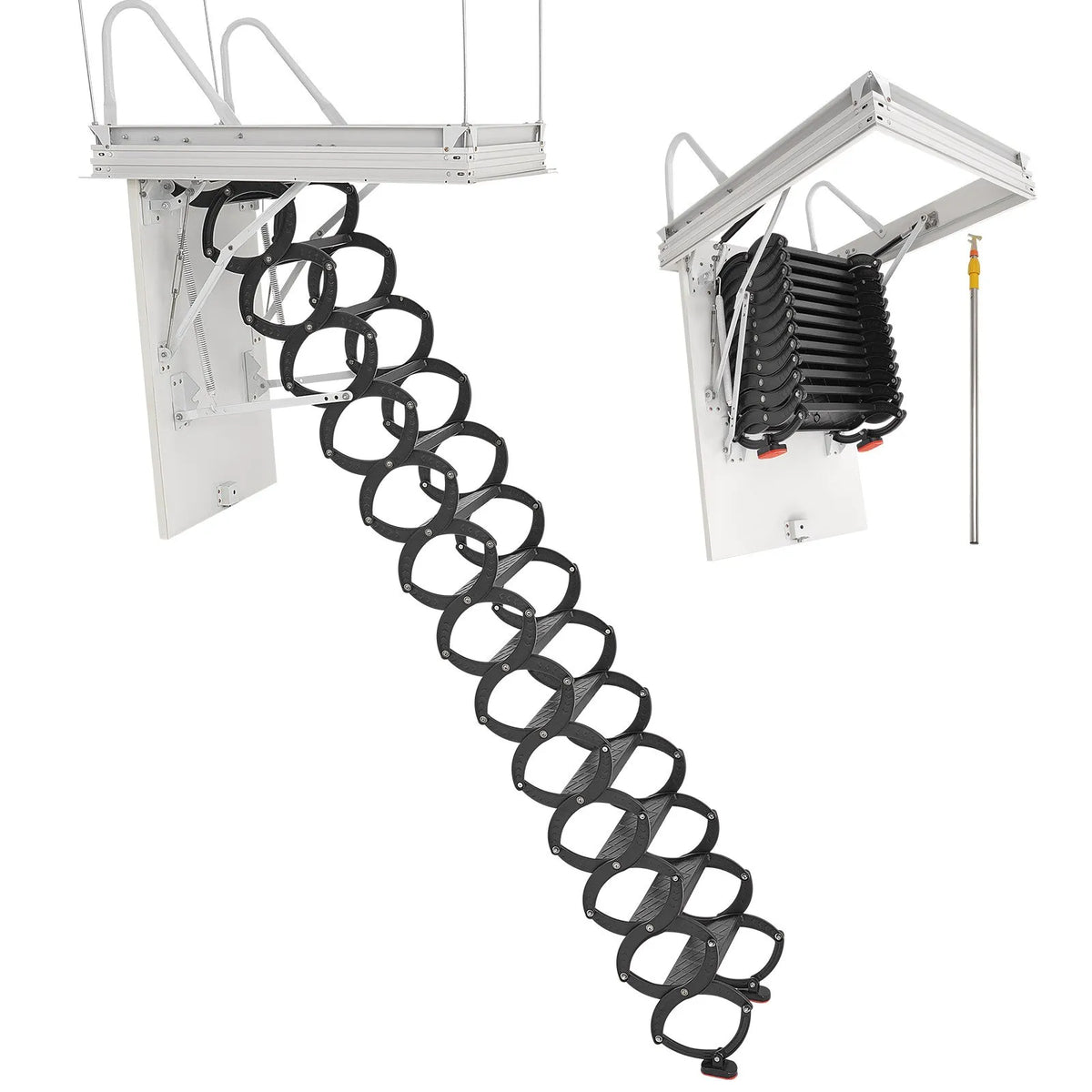 VEVOR bēniņu kāpnes ar 299,4 kg celtspēju, piemērotas griestu augstumam 3,2–3,35 m un atverei 100 × 70 cm, nolaižamas izvelkamas griestu kāpnes no leģētā tērauda ar vilkšanas stieni - ZEMLETES.LV