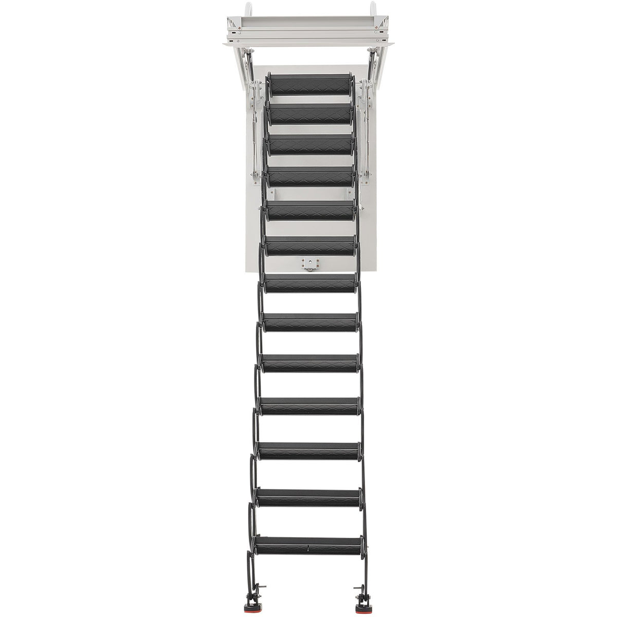 VEVOR bēniņu kāpnes ar 299,4 kg celtspēju, piemērotas griestu augstumam 3,2–3,35 m un atverei 100 × 70 cm, nolaižamas izvelkamas griestu kāpnes no leģētā tērauda ar vilkšanas stieni - ZEMLETES.LV