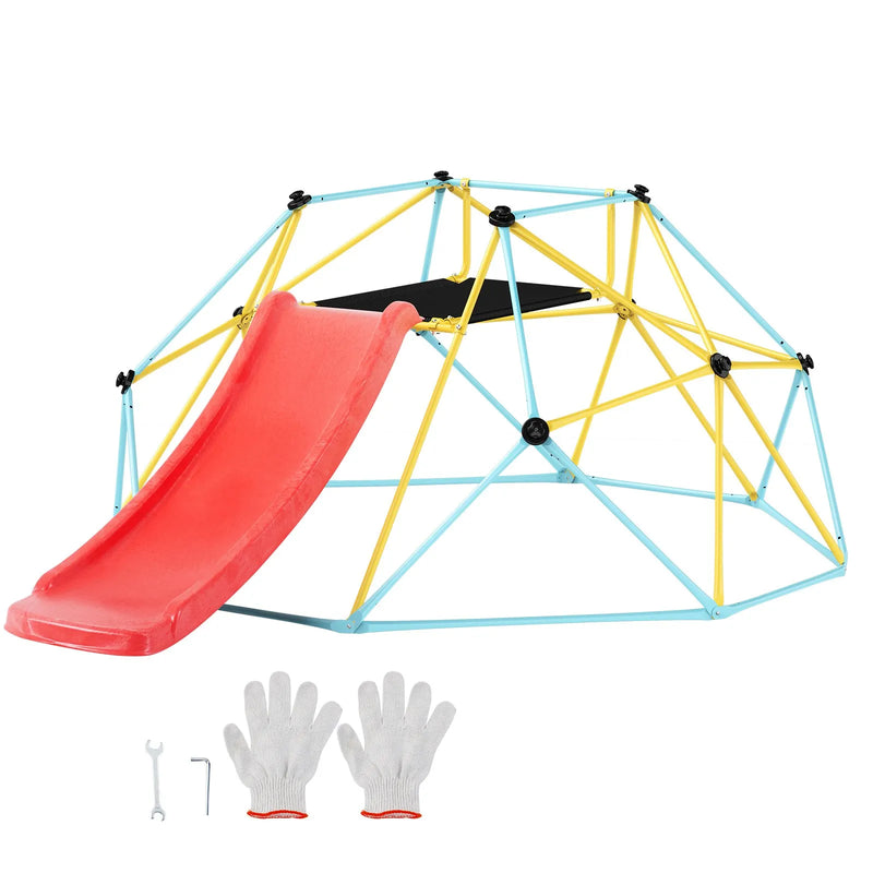 VEVOR 2,4 m ģeometriskais kāpšanas kupols ar slidkalniņu bērniem, iekštelpu un āra rotaļu laukuma “Jungle Gym”, nestspēja līdz 272 kg, piemērots bērniem no 3 līdz 9 gadu vecumam, ar kāpšanas rokturiem, viegli saliekams rotaļu aprīkojums