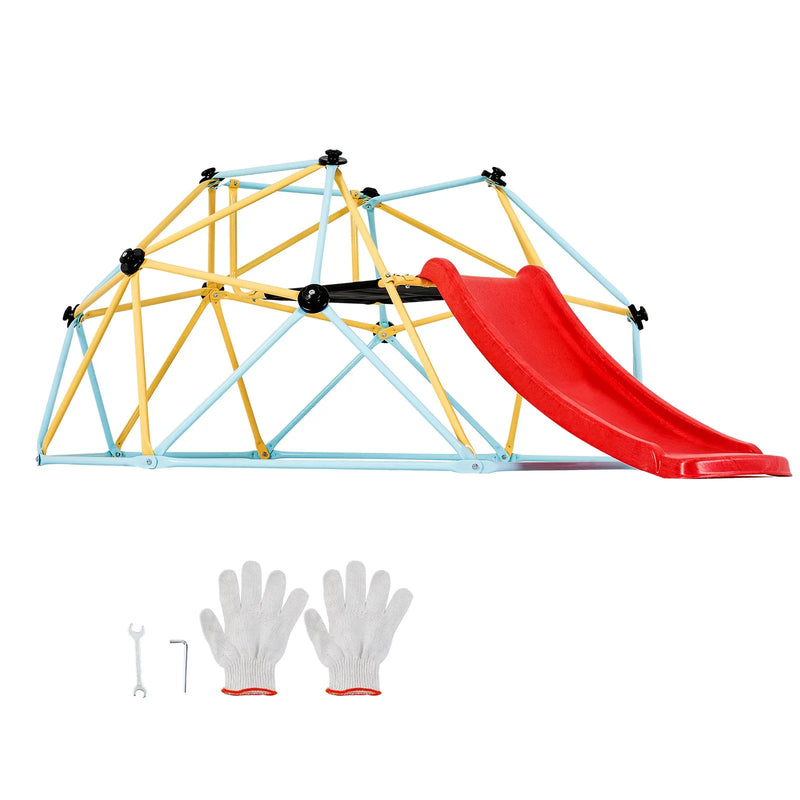 VEVOR 2,4 m ģeometriskais kāpšanas kupols ar slidkalniņu bērniem, iekštelpu un āra rotaļu laukuma “Jungle Gym”, nestspēja līdz 272 kg, piemērots bērniem no 3 līdz 9 gadu vecumam, ar kāpšanas rokturiem, viegli saliekams rotaļu aprīkojums