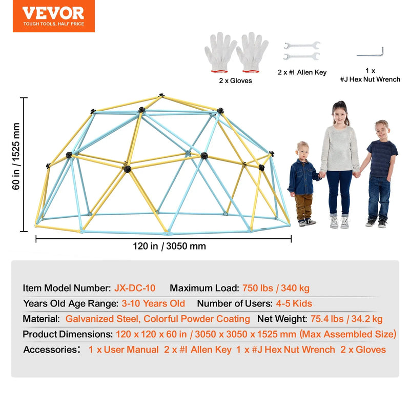 VEVOR 3,05 m ģeodēziska kāpšanas kupola kāpšanas rāmis bērniem 3–10 g., dārza rotaļu laukums, slodze līdz 340 kg, viegla montāža, ar kāpšanas rokturiem, āra rotaļu aprīkojums