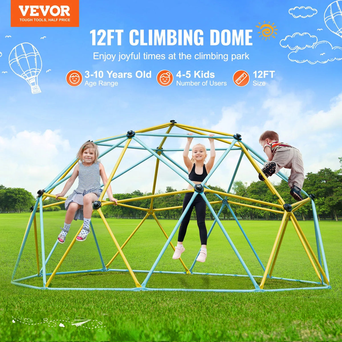 VEVOR ģeodēziskais kāpšanas kupols bērniem 3–10 gadiem, 3,66 m, līdz 340 kg