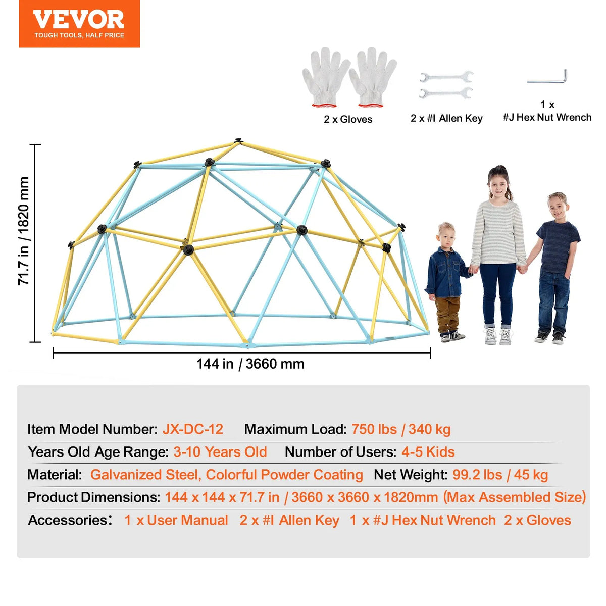 VEVOR ģeodēziskais kāpšanas kupols bērniem 3–10 gadiem, 3,66 m, līdz 340 kg