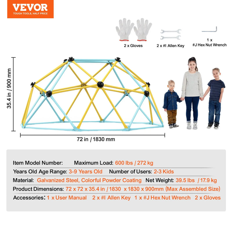 VEVOR 6FT ģeometriskais kāpšanas kupols bērniem, rotaļu laukums 3–9 gadiem, dārza “jungle gym”, nestspēja līdz 272 kg, ar kāpšanas rokturiem, iekštelpu un āra rotaļu aprīkojums bērniem