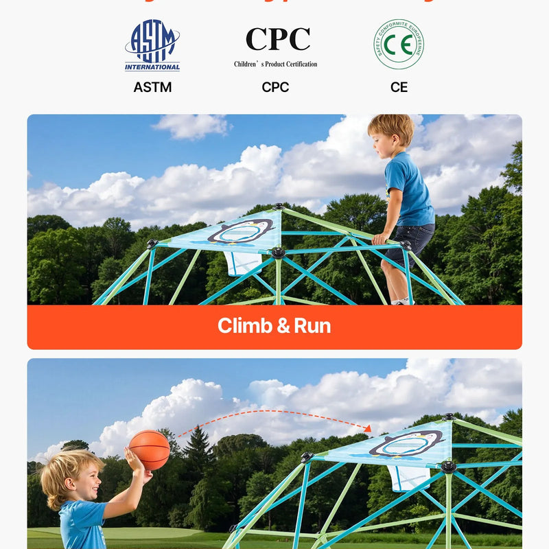 VEVOR 305 cm ģeometriskais kāpšanas kupols bērniem, āra rotaļu laukuma “Jungle Gym” ar astoņkāja tīklu un 2 basketbola bumbām, nestspēja līdz 453 kg, viegli saliekams kāpšanas rotaļu aprīkojums dārzam