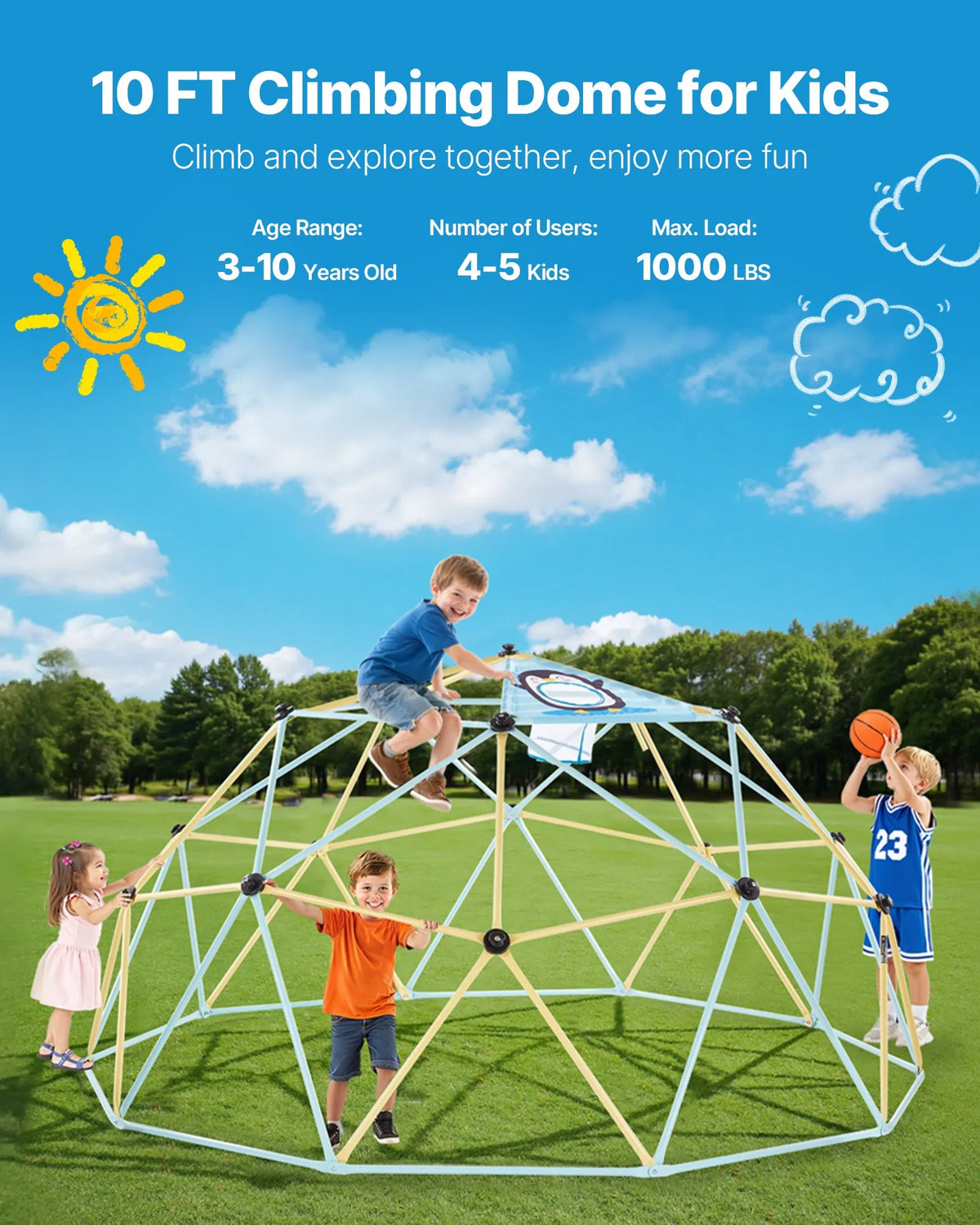 VEVOR Climbing Dome with Octopus Net and 2 Basketball Balls, 3.05 m, up to 453 kg