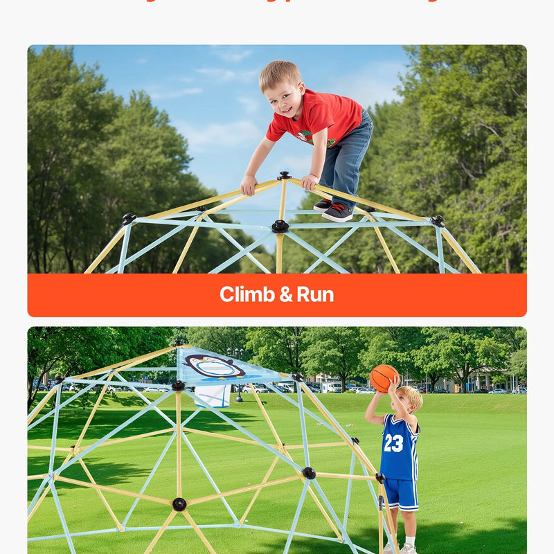 VEVOR kāpšanas kupols 305 cm, ģeometriskais kupola kāpšanas rāmis, 453 kg noslodzes “jungle gym” rotaļu laukums ar 2 basketbola bumbām un astoņkāja tīklu, viegli saliekams āra kāpšanas aprīkojums pagalmam bērniem no 3 līdz 10 gadiem
