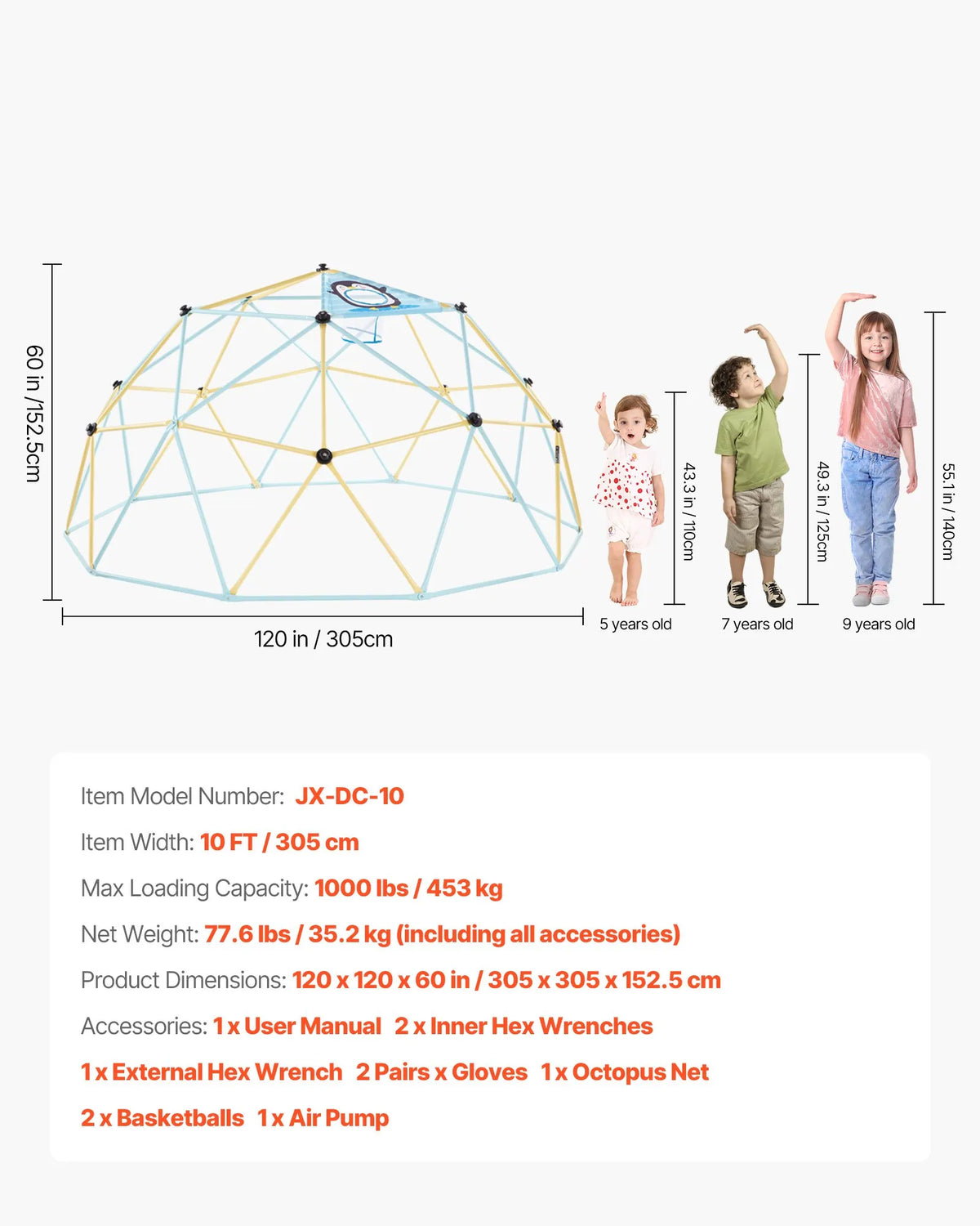 VEVOR Climbing Dome with Octopus Net and 2 Basketball Balls, 3.05 m, up to 453 kg