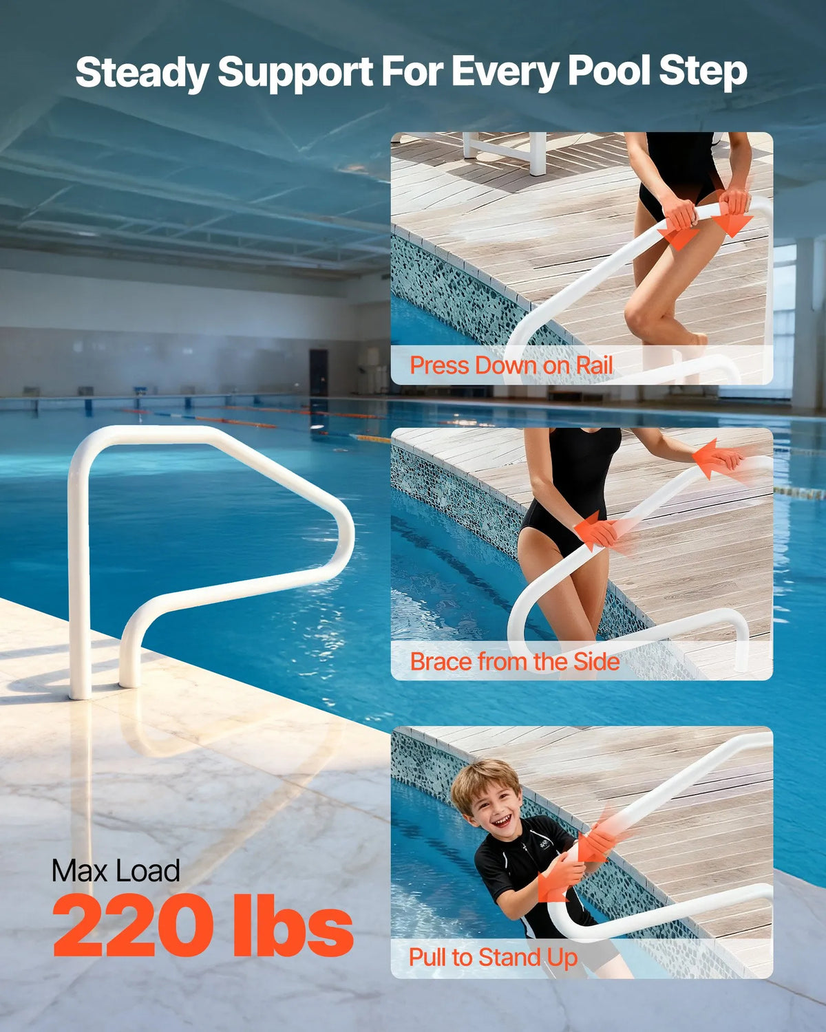 VEVOR Pool Handrails 122 × 81.3 cm, Reinforced Stainless Steel Pool Handrails with 100 kg Load Capacity, Seamless Welding, Recessed or Base Plate Mounted Construction for Pool, Water Park and Spa Use