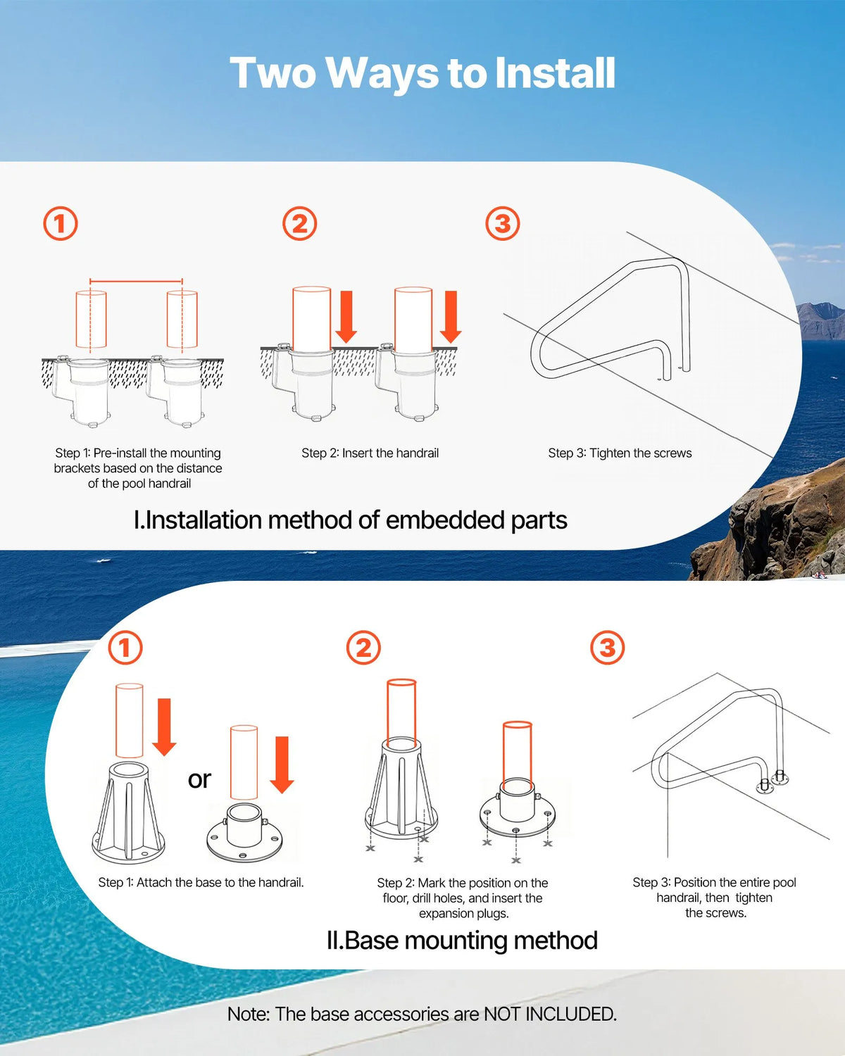 VEVOR Pool Handrails 122 × 81.3 cm, Reinforced Stainless Steel Pool Handrails with 100 kg Load Capacity, Seamless Welding, Recessed or Base Plate Mounted Construction for Pool, Water Park and Spa Use