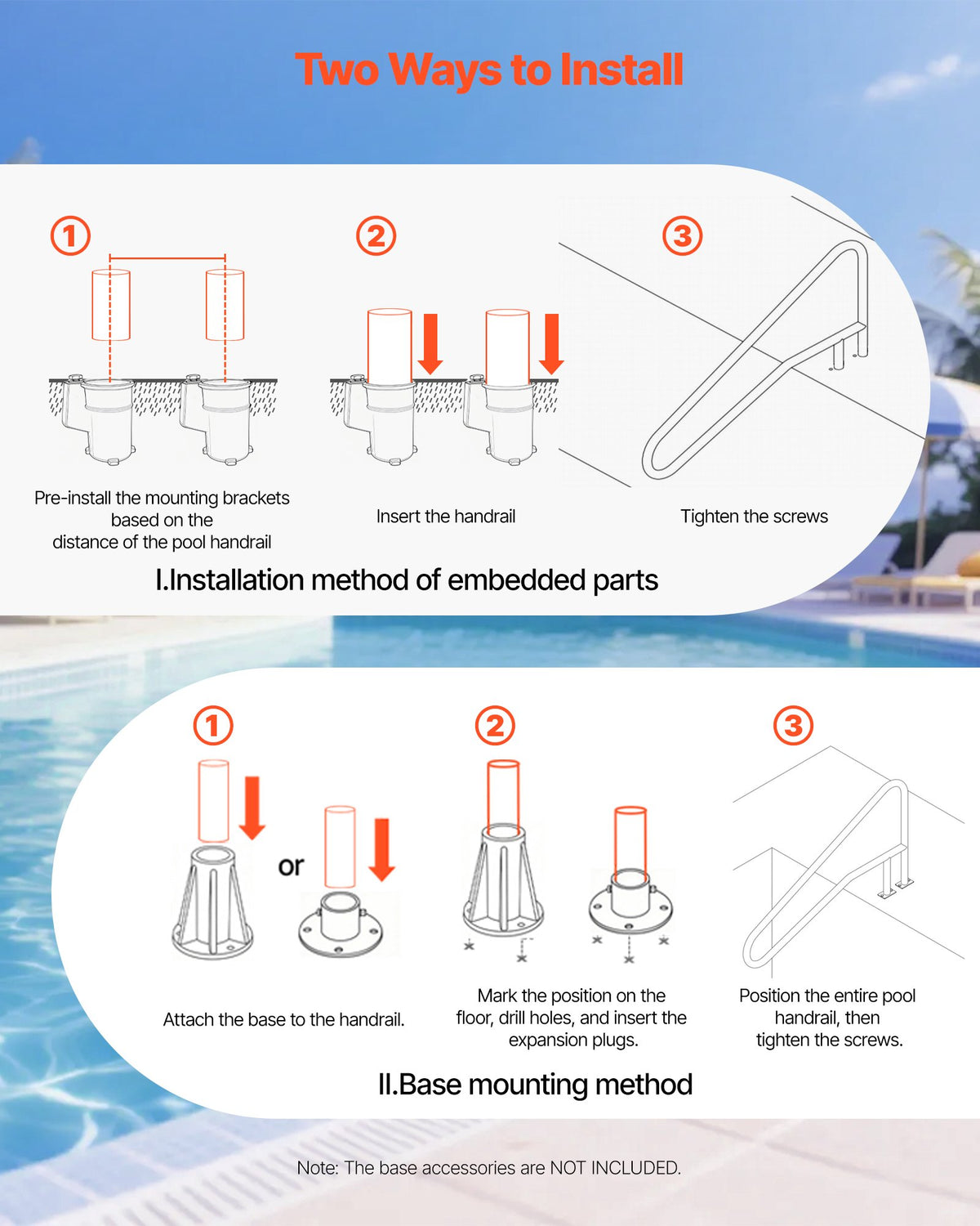 VEVOR Pool Handrails 137.1 × 81.3 cm, Reinforced Stainless Steel Pool Handrails with 100 kg Load Capacity, Seamless Welding, Recessed or Base Plate Mounted Construction for Pool, Water Park and Spa Use