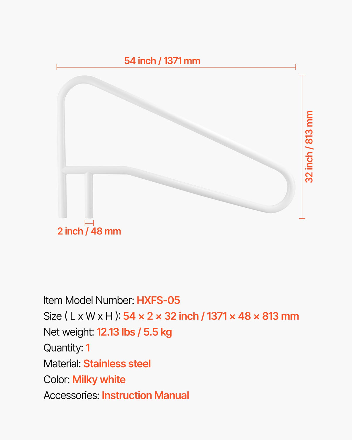 VEVOR Pool Handrails 137.1 × 81.3 cm, Reinforced Stainless Steel Pool Handrails with 100 kg Load Capacity, Seamless Welding, Recessed or Base Plate Mounted Construction for Pool, Water Park and Spa Use