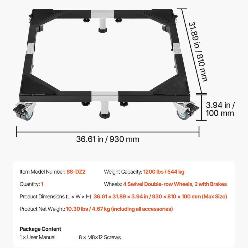VEVOR regulējama sadzīves tehnikas pamatne līdz 544 kg ar 8 grozāmiem riteņiem un 4 bremzēm veļas mašīnai, ledusskapim un žāvētājam - ZEMLETES.LV