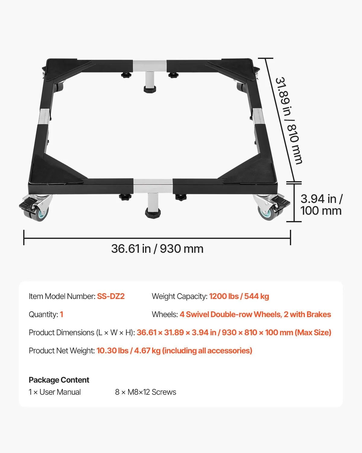 VEVOR regulējama sadzīves tehnikas pamatne līdz 544 kg ar 8 grozāmiem riteņiem un 4 bremzēm veļas mašīnai, ledusskapim un žāvētājam - ZEMLETES.LV