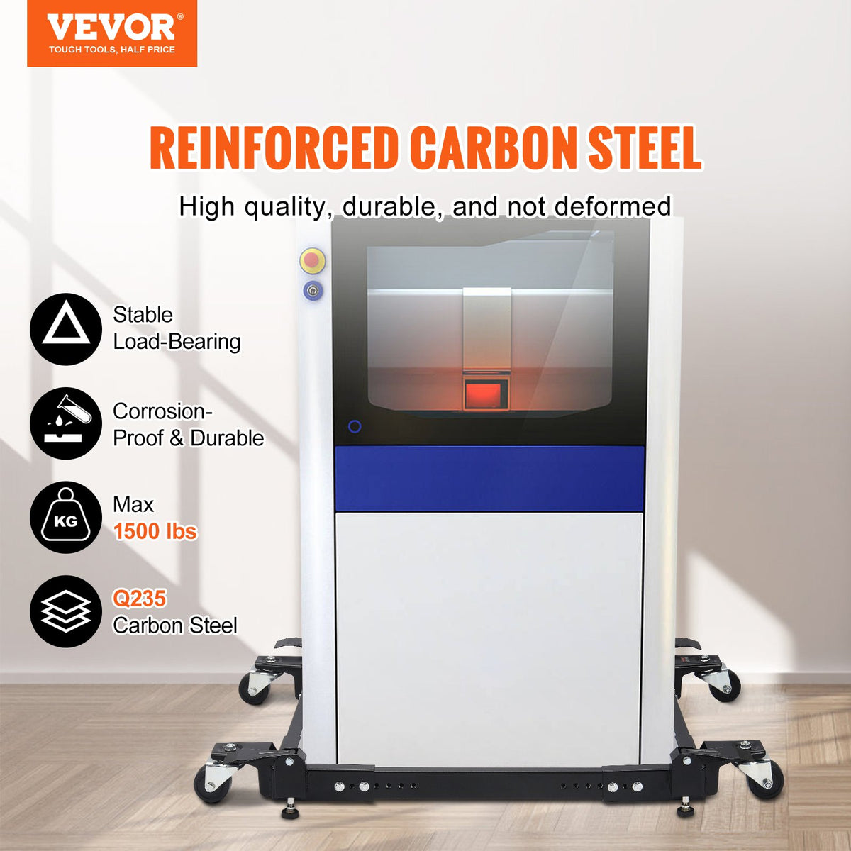 VEVOR mobilā pamatne, kravnesība 680 kg, regulējams izmērs 508 × 622 līdz 711 × 851 mm, universāla pārvietojama pamatne ar 4 grozāmiem riteņiem, piemērota kokapstrādes iekārtām un elektroinstrumentiem - ZEMLETES.LV