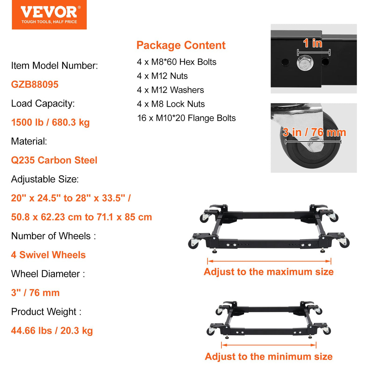 VEVOR mobilā pamatne, kravnesība 680 kg, regulējams izmērs 508 × 622 līdz 711 × 851 mm, universāla pārvietojama pamatne ar 4 grozāmiem riteņiem, piemērota kokapstrādes iekārtām un elektroinstrumentiem - ZEMLETES.LV