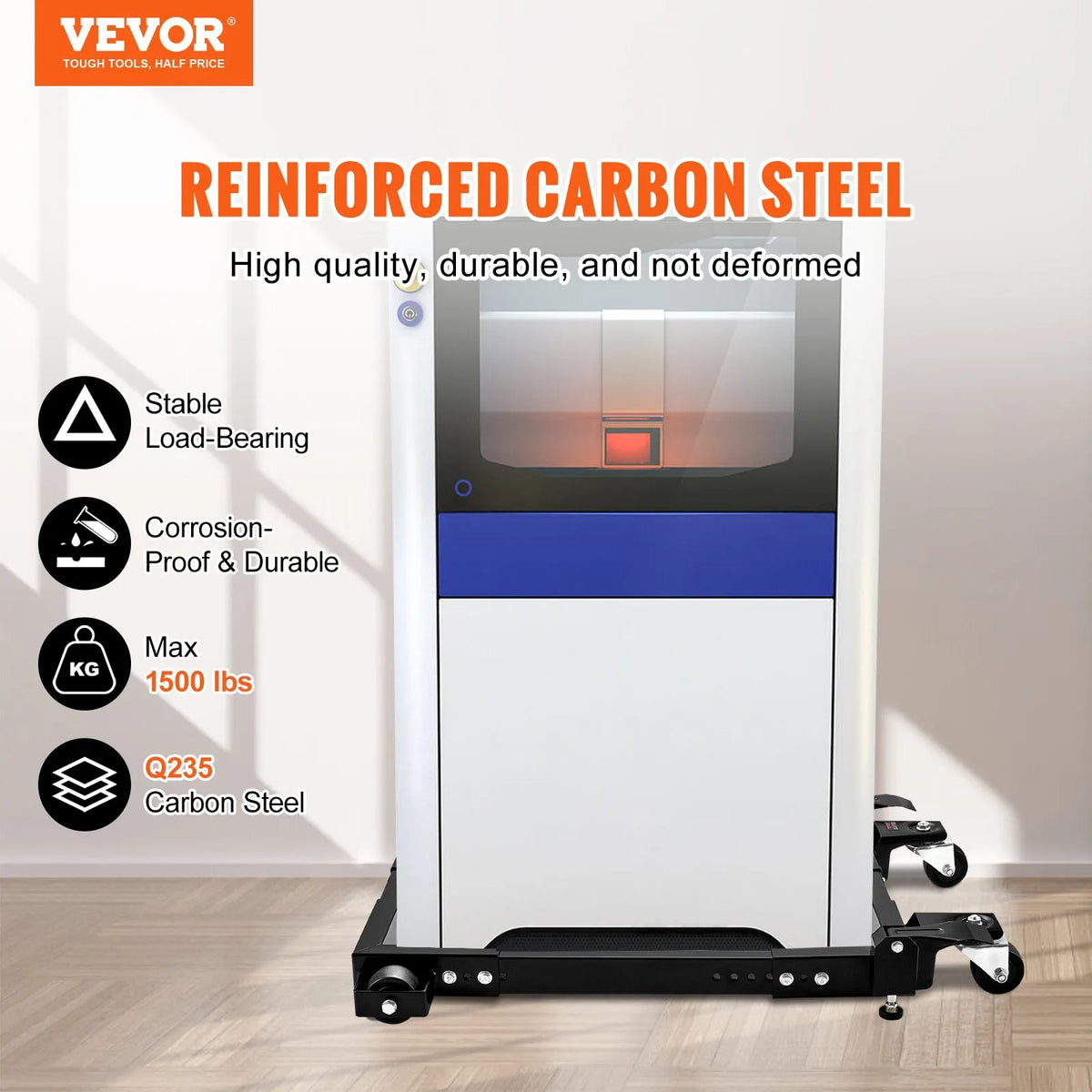 VEVOR mobilā pamatne, kravnesība 680 kg, regulējams izmērs 457 × 610 līdz 673 × 800 mm, universāla pārvietojama pamatne ar grozāmiem riteņiem, piemērota kokapstrādes iekārtām un elektroinstrumentiem - ZEMLETES.LV