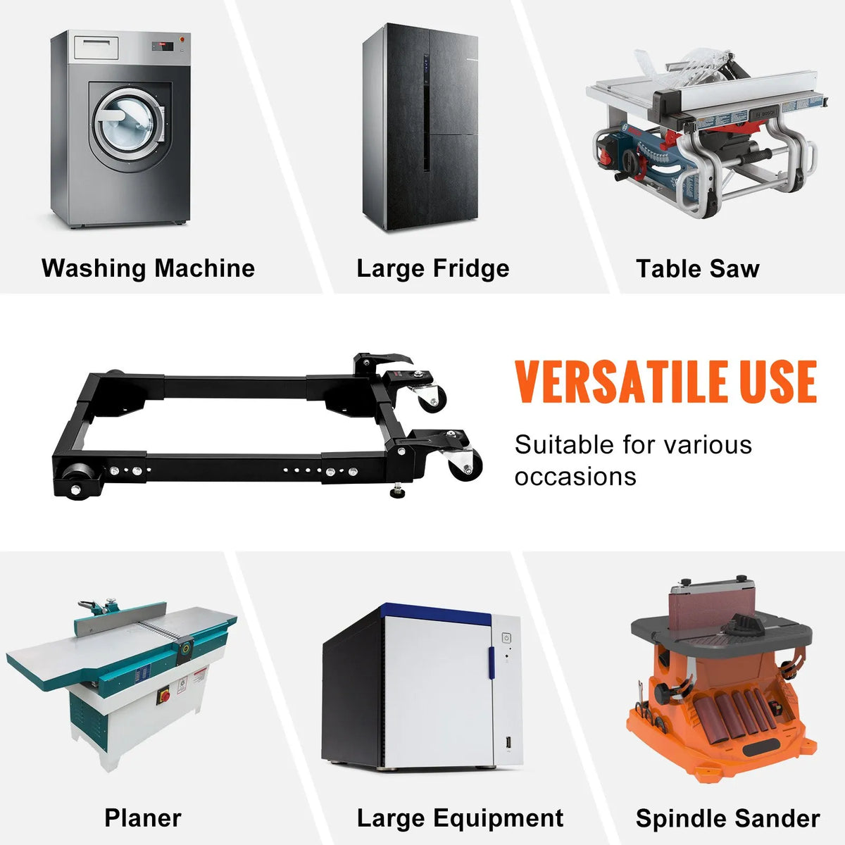 VEVOR mobilā pamatne, kravnesība 680 kg, regulējams izmērs 457 × 610 līdz 673 × 800 mm, universāla pārvietojama pamatne ar grozāmiem riteņiem, piemērota kokapstrādes iekārtām un elektroinstrumentiem - ZEMLETES.LV